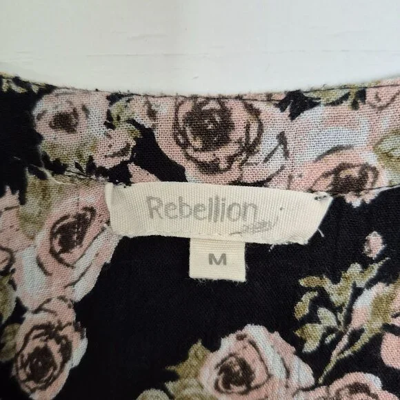 Black Floral Boho Tunic Dress W/ Crochet Details By Rebellion Size M - Picture 4 of 7